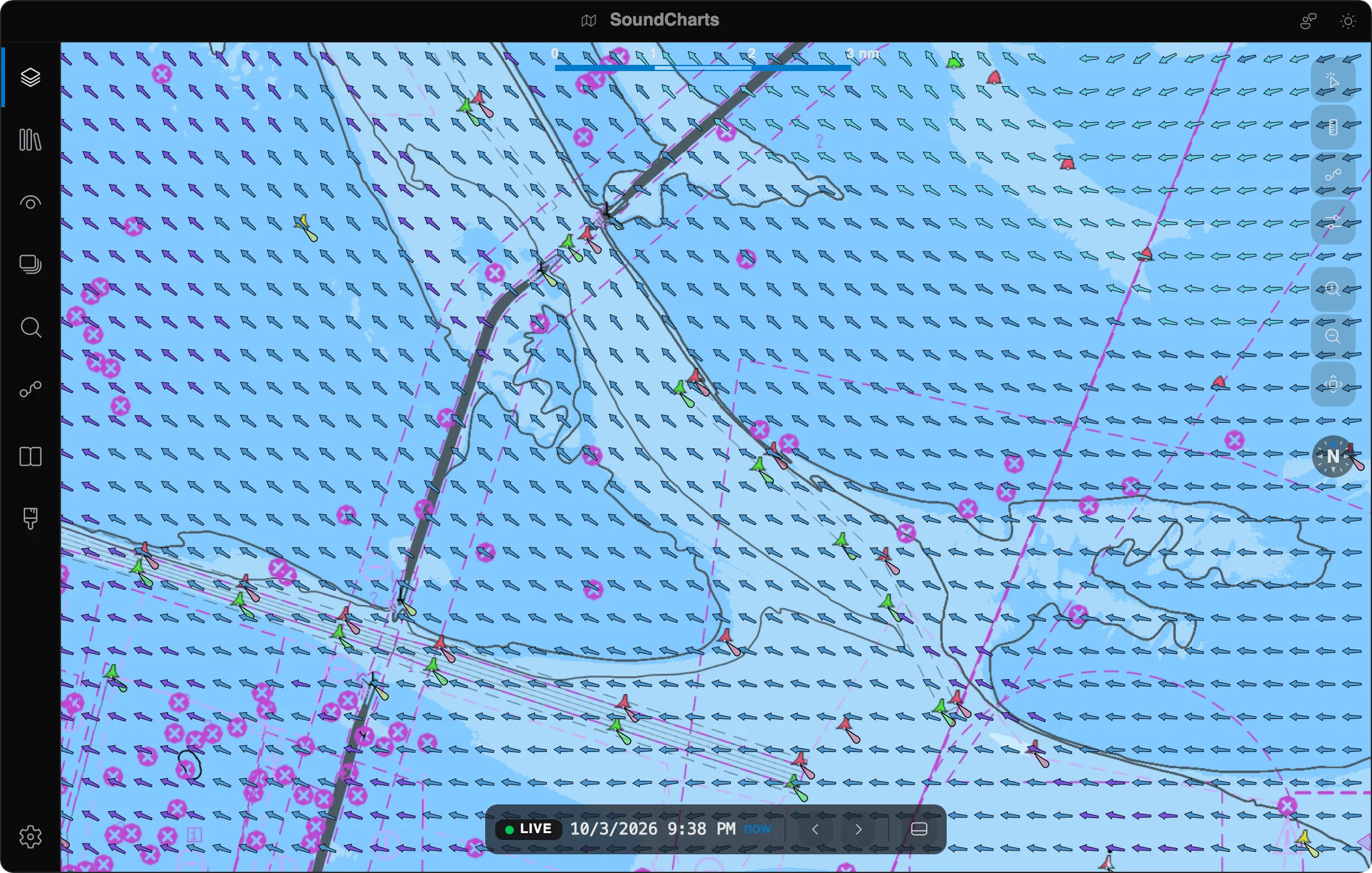 The same chart with S-102 bathymetry and S-111 surface currents