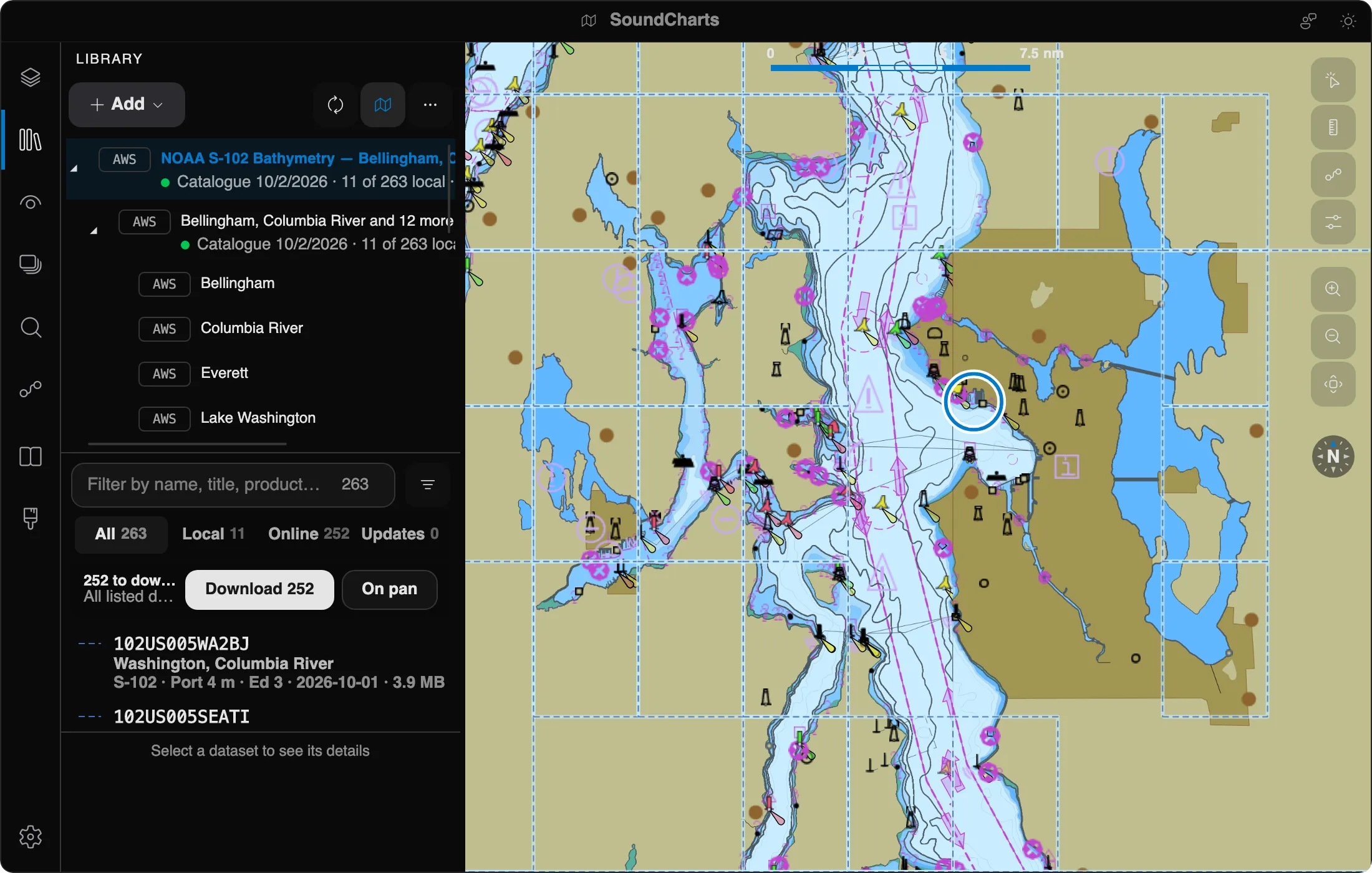 The Library panel browsing NOAA S-102 coverage areas
